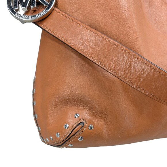 Michael Kors Leather Astor Tote Bag Tan Brown Shoulder Bag 2 Straps Studded 15" - Picture 13 of 13